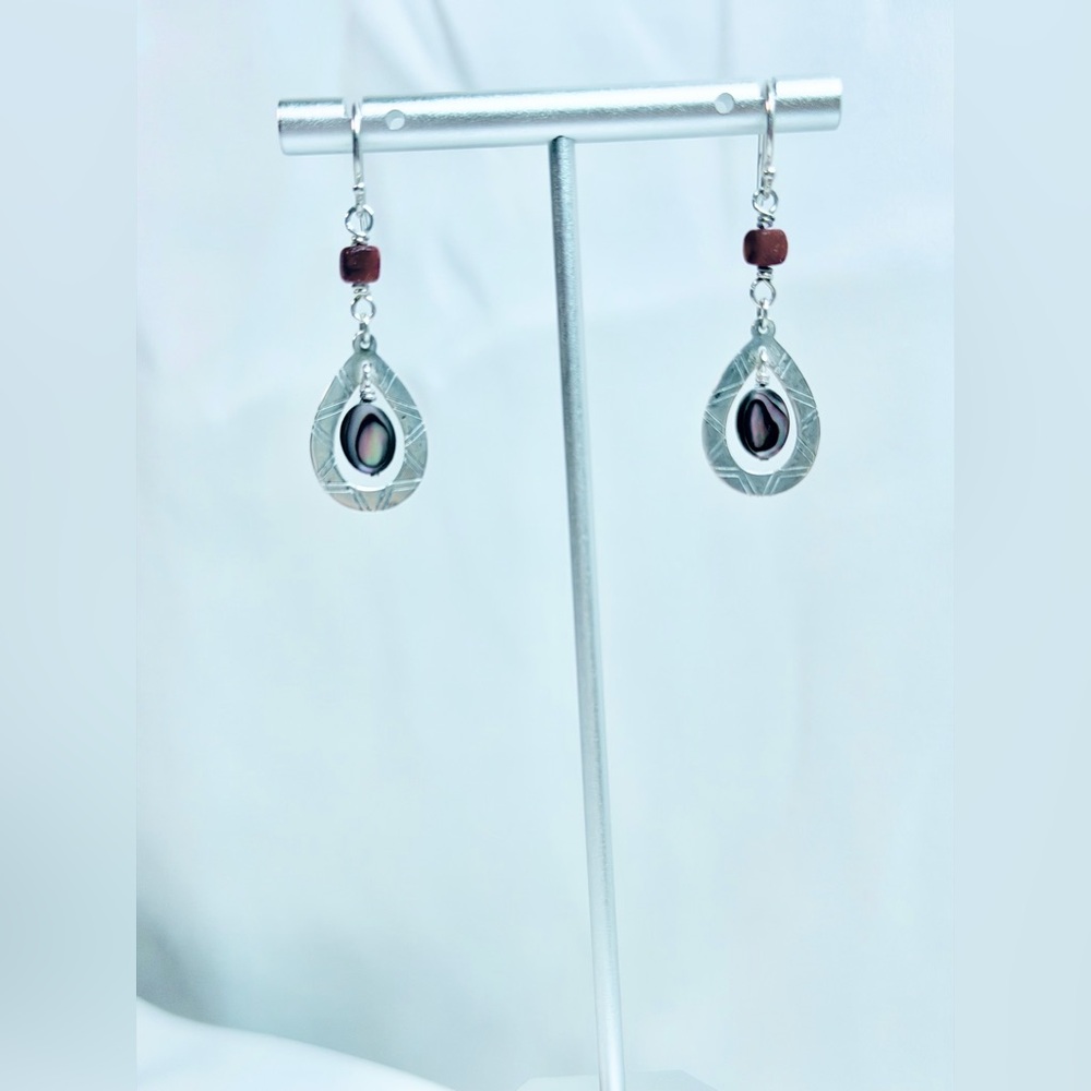 Silpada Vintage Sterling, Red Coral & Abalone Teardrop Wire Drop Earrings
